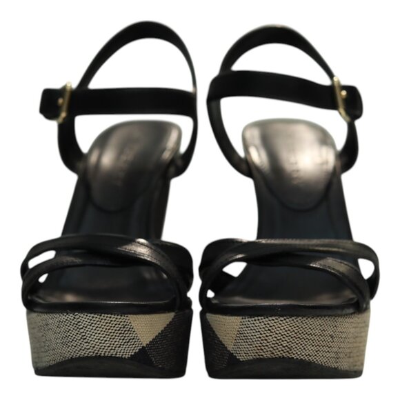 Burberry Black Leather Signature Check Wedges Platform Strappy Sandals Shoes 40 - Picture 2 of 10